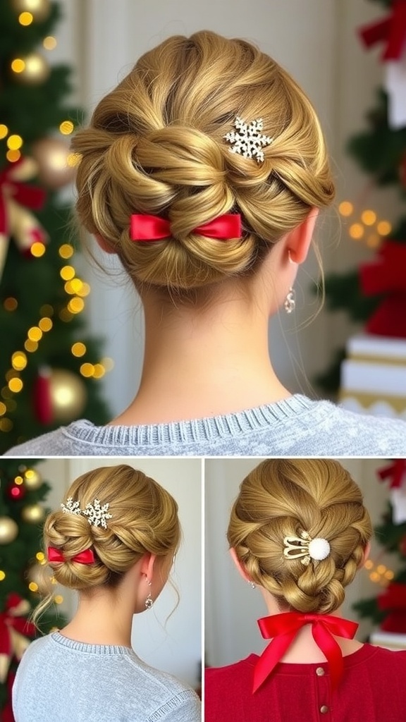 Festive Christmas hairstyles including a messy bun, braided crown, and half-up twist in a holiday setting.